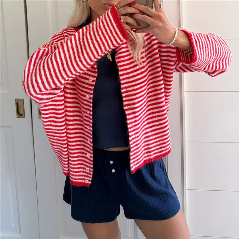 Casual Loose Cardigan For Women Autumn Long Sleeve Knitwear Y2K Outerwears Women's Fashion Stripes Sweater Female Top