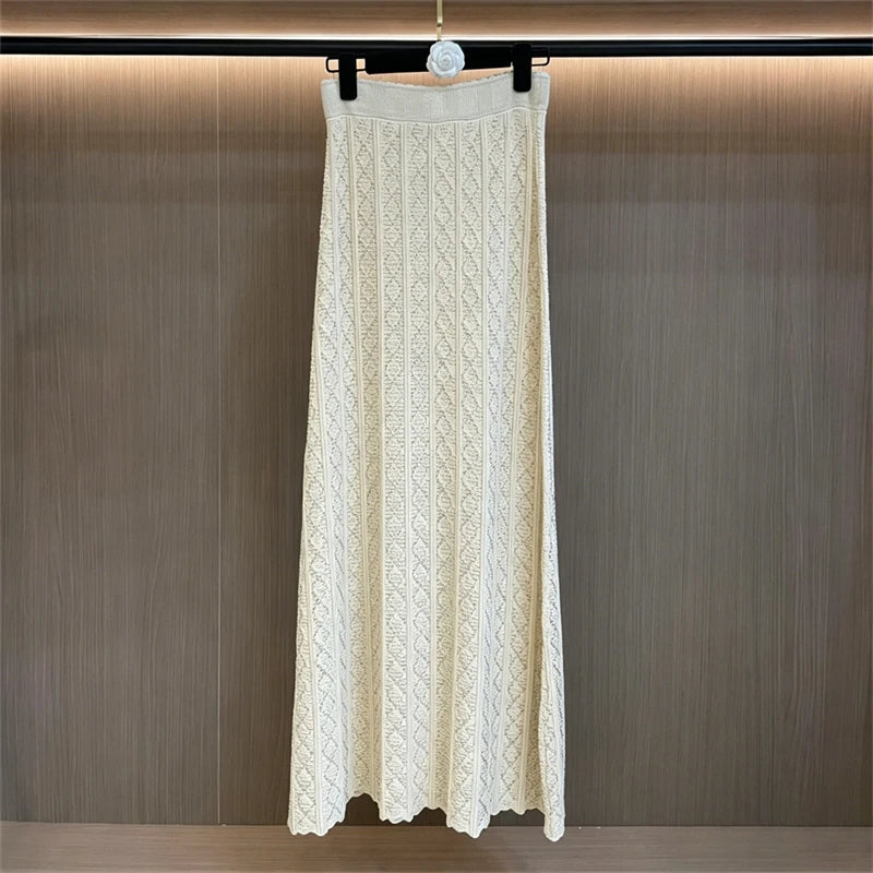 New Summer Women'sRound Neck Glitter Short SleeveStriped Knit Cardigan Set with High-Quality Elastic Waist Skirt (Two-Piece Set)