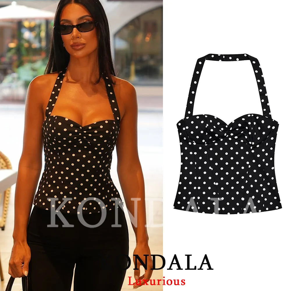 KONDALA Sexy Y2K Girl Halter Tops Corset Slim Polka Dot Print Short Tops Fashion 2026 Spring Summer Streetwear Holiday Beach Top
