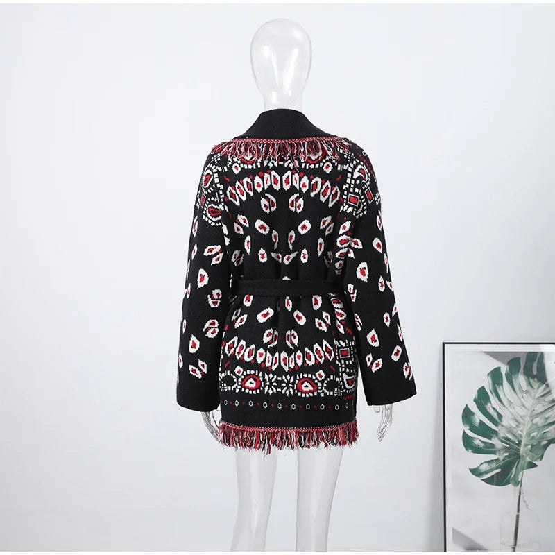 2026 frühling Quaste Gestrickte Jacquard frauen Strickjacken Lose Patchwork V-ausschnitt Langarm Dicke Warme Pullover Dame Neue Strickwaren