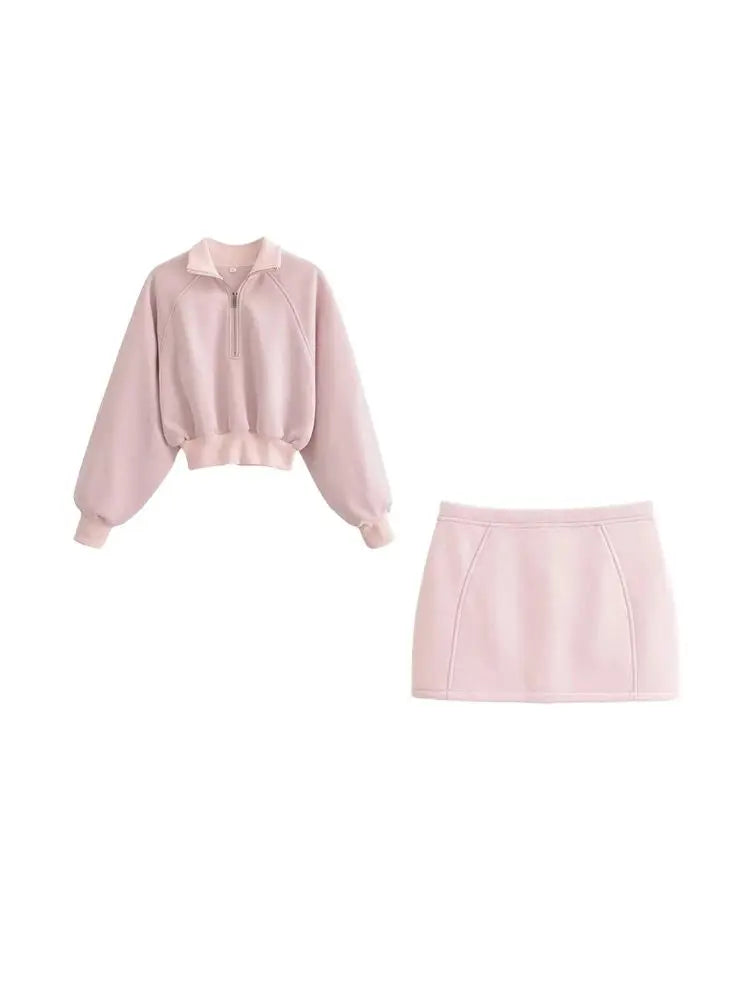 Frauen Mode Mit Zip Abgeschnitten Sweatshirt Und Mittlere Taille Zurück Zipper Mini Rock Weibliche Zwei Stück Sets Mujer