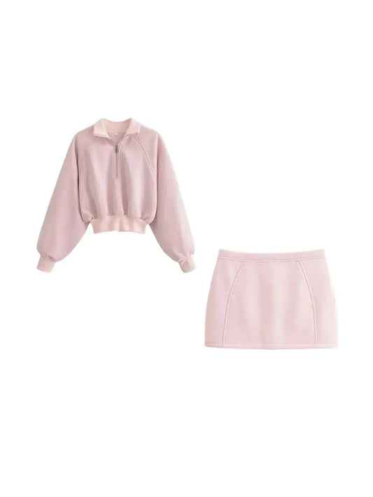 Frauen Mode Mit Zip Abgeschnitten Sweatshirt Und Mittlere Taille Zurück Zipper Mini Rock Weibliche Zwei Stück Sets Mujer