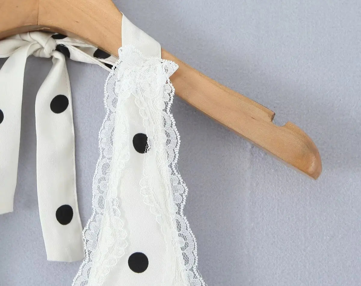 YENKYE Lace Spliced Polka Dot Halter Dress Women Elegant A-line Mini Sexy Backless Dresses Summer Robe 2025