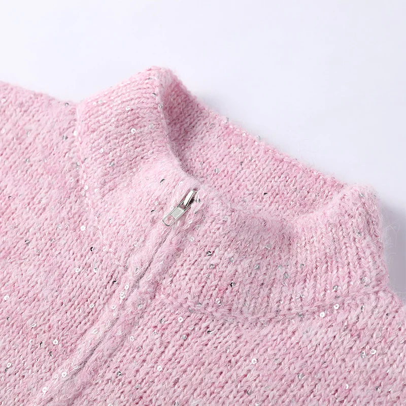 Casual Pailletten Lose Pullover Frauen Volle Hülse Gestrickte Solide Shinny Revers Reißverschlüsse Pullover Weibliche 2026 Frühling Dame Outwears