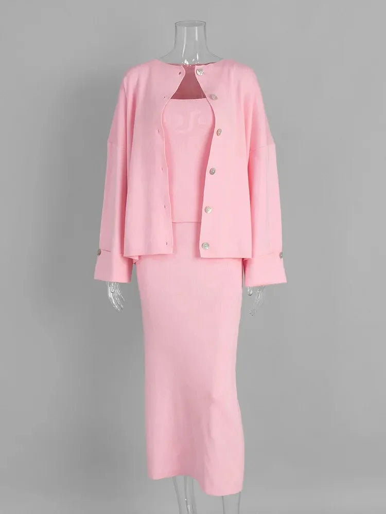 Mode Drei Stück Sets Frauen Outfits Solide Strick Weste Lose Einreiher Langarm Mäntel Winter Chic Maxi Rock Sets