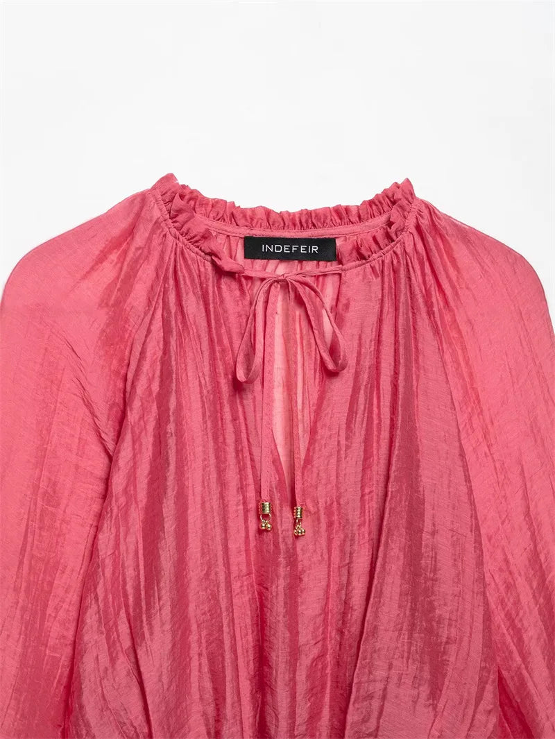 2025 Summer Women Red Folds Shirt Skirts Sets Lace Up Long Sleeves Shirts+High Waist Pleated Skirt Fashion Lady Outfits