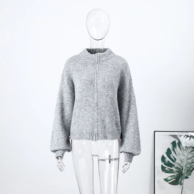 Casual Pailletten Lose Pullover Frauen Volle Hülse Gestrickte Solide Shinny Revers Reißverschlüsse Pullover Weibliche 2026 Frühling Dame Outwears
