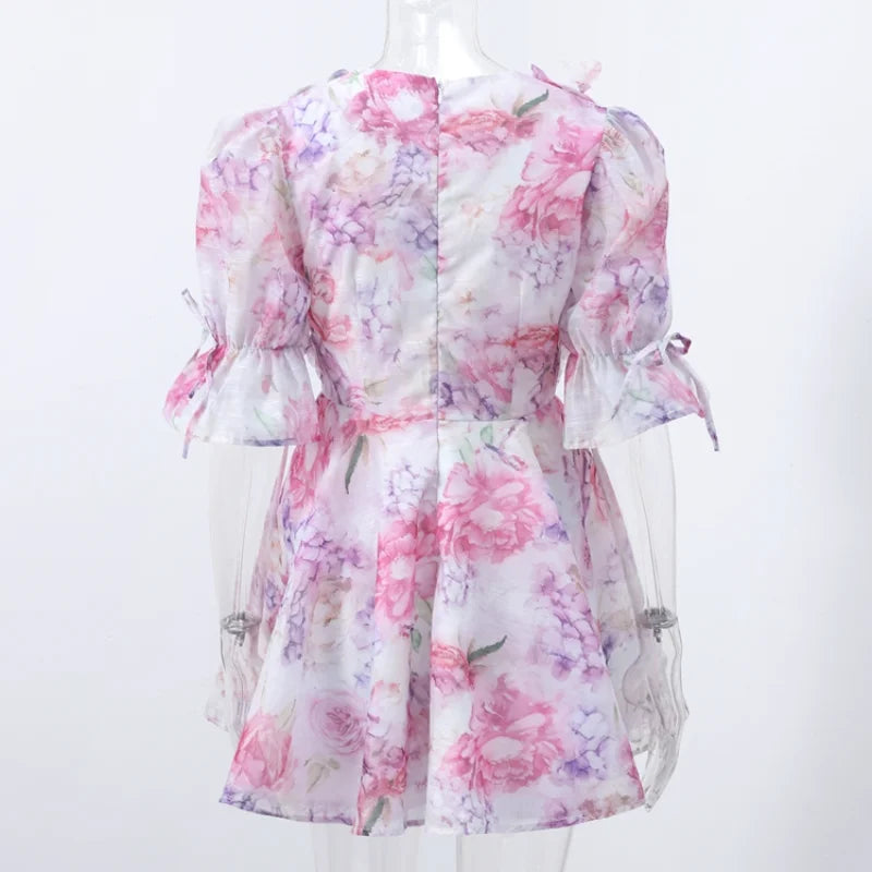 Chic Floral Printed Mini Dress Backless Sleeveless Hem Stacking Dresses Sweet A Line Vestidos 2025 New Lady Party Club Clothing