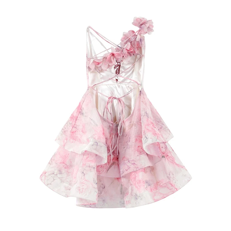 Chic Floral Printed Mini Dress Backless Sleeveless Hem Stacking Dresses Sweet A Line Vestidos 2025 New Lady Party Club Clothing