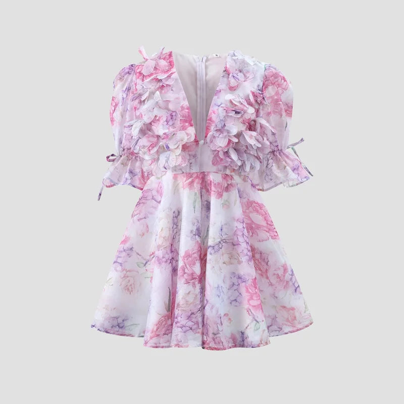 Chic Floral Printed Mini Dress Backless Sleeveless Hem Stacking Dresses Sweet A Line Vestidos 2025 New Lady Party Club Clothing