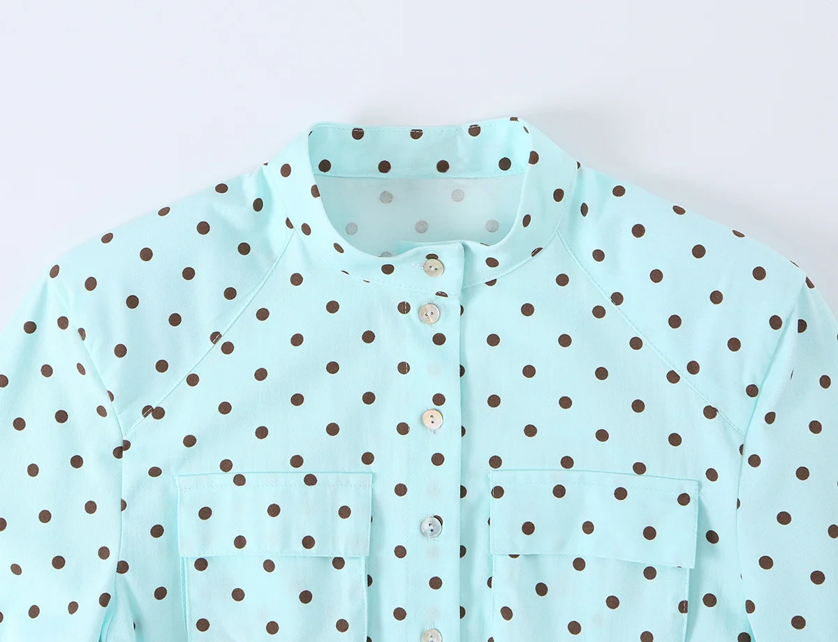 HH 2026 Spring Summer French Polka Dot 2 Piece Set Women Belted Long Sleeve Shirt Shorts Elegant Casual Business Outfit