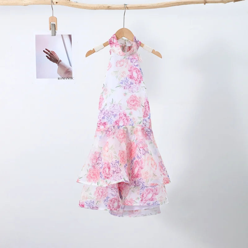 Chic Floral Printed Mini Dress Backless Sleeveless Hem Stacking Dresses Sweet A Line Vestidos 2025 New Lady Party Club Clothing