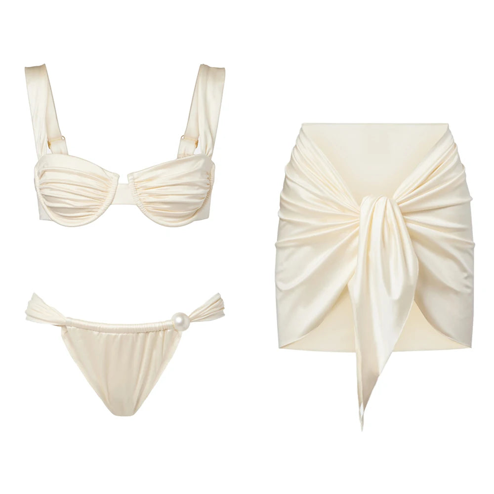 Underwire Swimsuit Bikini with Skirt Swimwear Women Separates Pearl Swimwear Swimsuit Resort Wear Bathing Suit