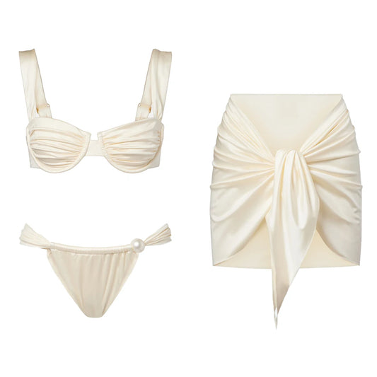Underwire Swimsuit Bikini with Skirt Swimwear Women Separates Pearl Swimwear Swimsuit Resort Wear Bathing Suit