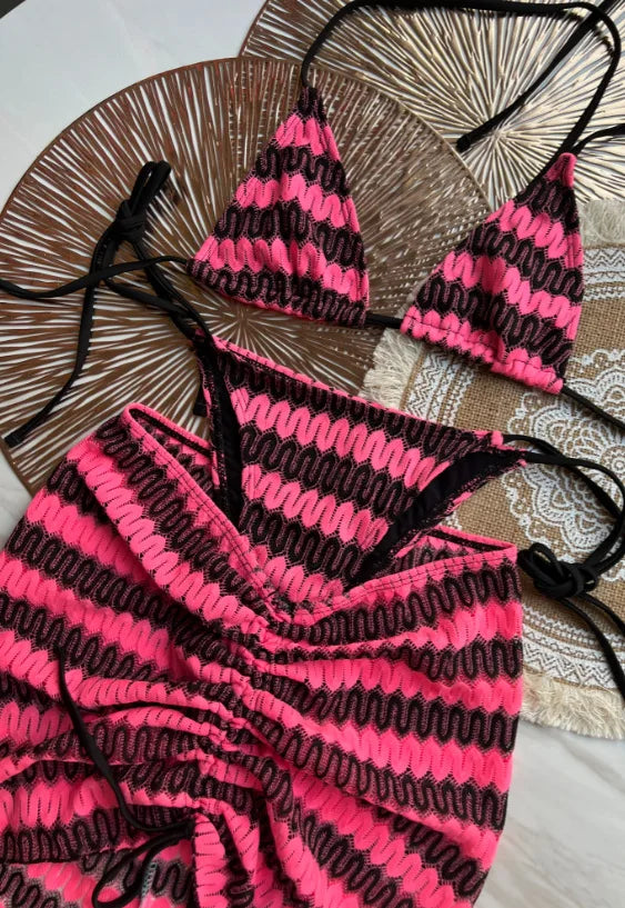 2025 New 3 Pieces Bikinis Sets Knitted Stripe With Skirt Knitting Beachwear Sexy Women's Swimsuit Cover-ups Strappy Beach Wear