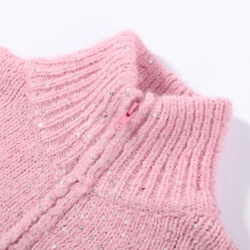 Casual Pailletten Lose Pullover Frauen Volle Hülse Gestrickte Solide Shinny Revers Reißverschlüsse Pullover Weibliche 2026 Frühling Dame Outwears