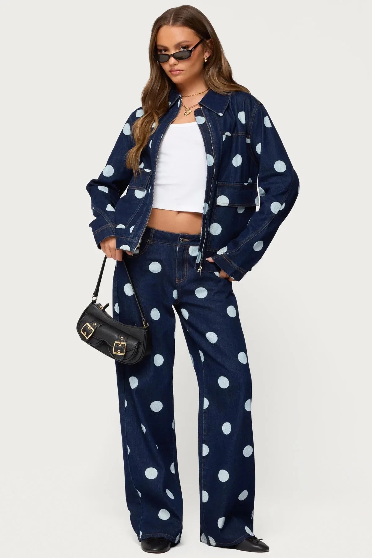 Lässige Gepunktete Denim-Jeans für Damen in Dunklen Farben, Gerade Geschnittene Lange Hose im Komfortablen Pendler-Stil aus Baumwollstoff