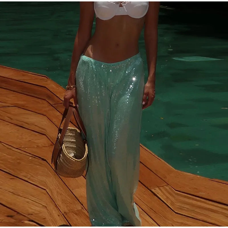 Fashion Sequin Loose Pants Women Solid Drawstring High Waist Wide Leg Trousers Female 2026 Fashion Summer Shinny Bottom Lady