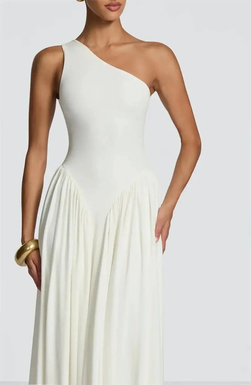 Mozision One Shoulder Backless Sexy Maxi Dress Women Elegant Diagonal Collar Sleeveless Bodycon Pleated Club Party Long Dresses