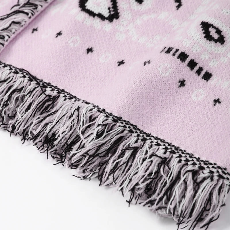 2026 frühling Quaste Gestrickte Jacquard frauen Strickjacken Lose Patchwork V-ausschnitt Langarm Dicke Warme Pullover Dame Neue Strickwaren