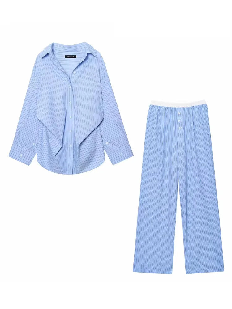 HH Women's Striped Pants Suit Bat Sleeve Loose Poplin Shirt+Elastic Waist Side Pocket Boxer Panties Pajama Style Casual Pant