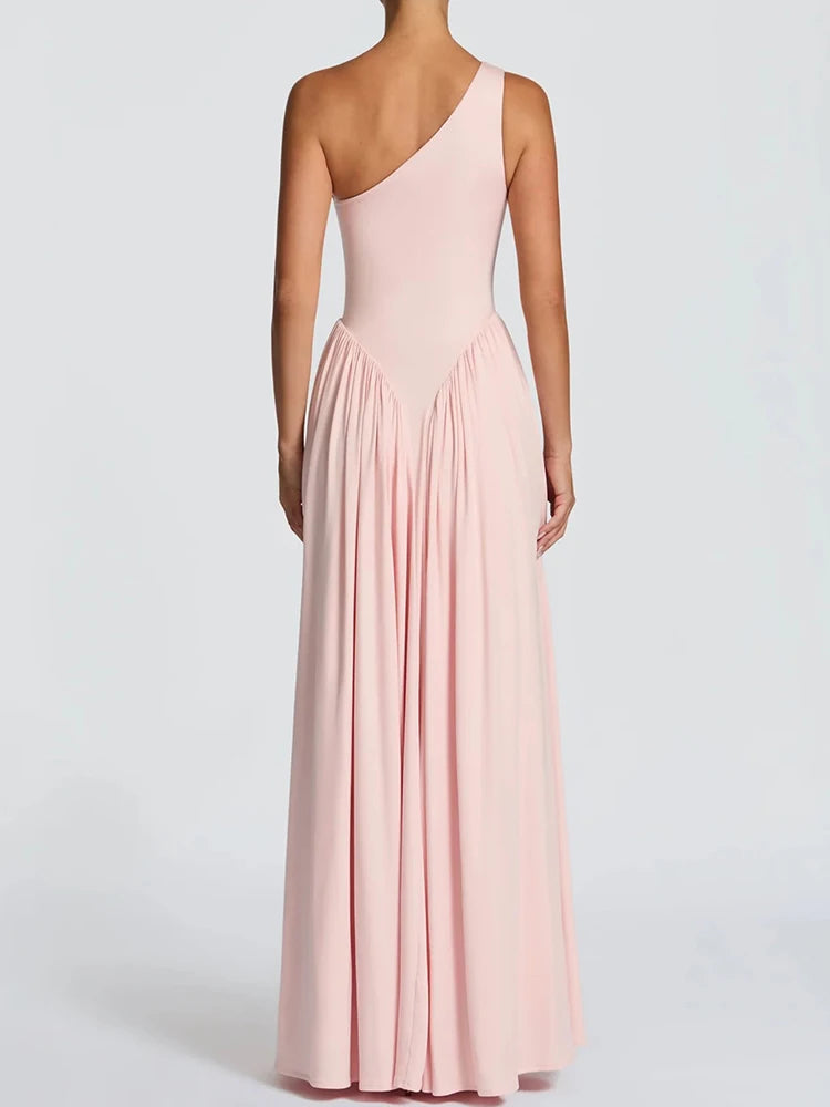 Mozision One Shoulder Backless Sexy Maxi Dress Women Elegant Diagonal Collar Sleeveless Bodycon Pleated Club Party Long Dresses