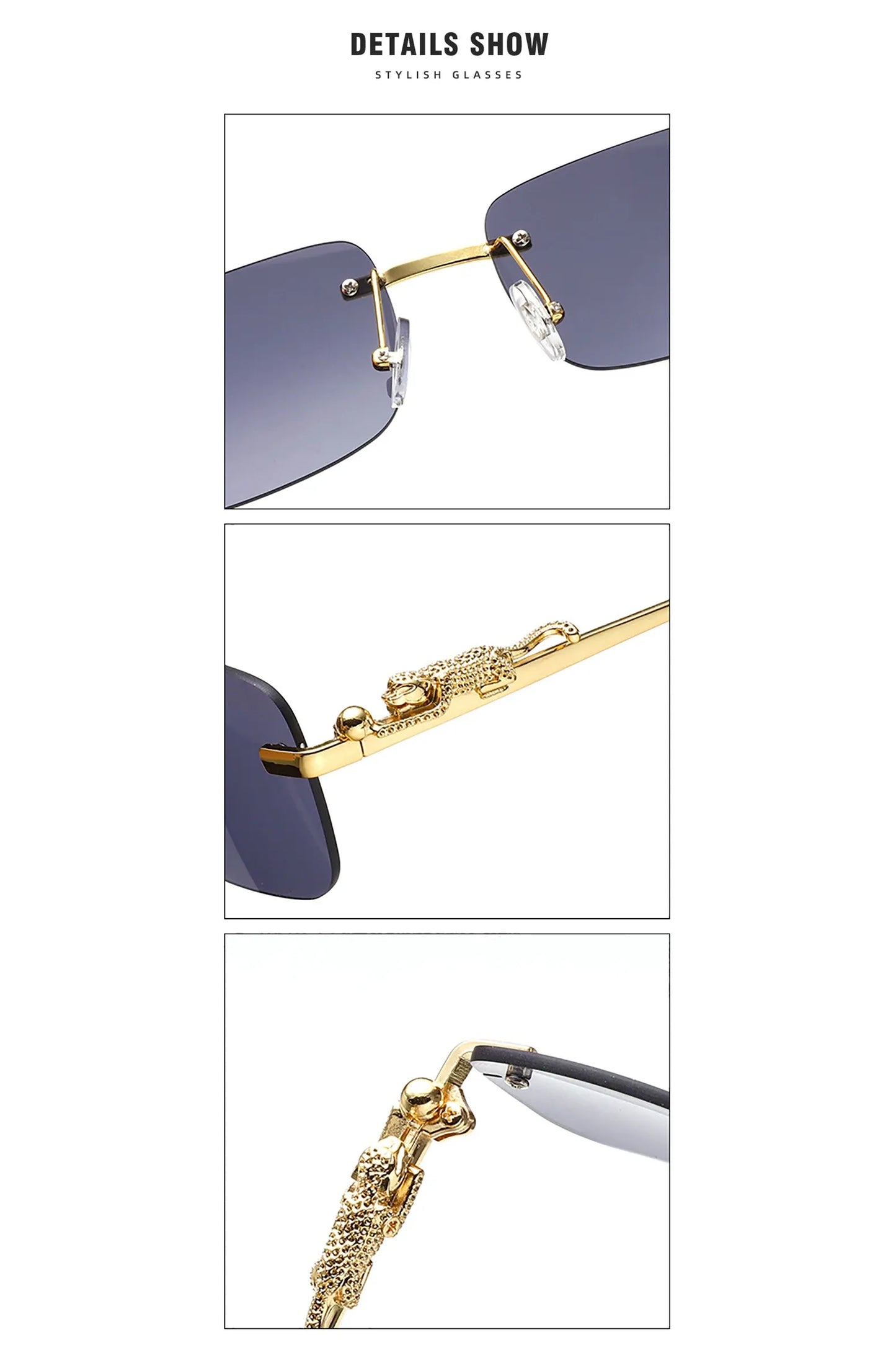 Klassische randlose Sonnenbrille für Herren und Damen, modisch, Leoparden-Dekoration, kleine Sonnenbrille, stilvoll, rahmenlos, zum Fahren, Reisen