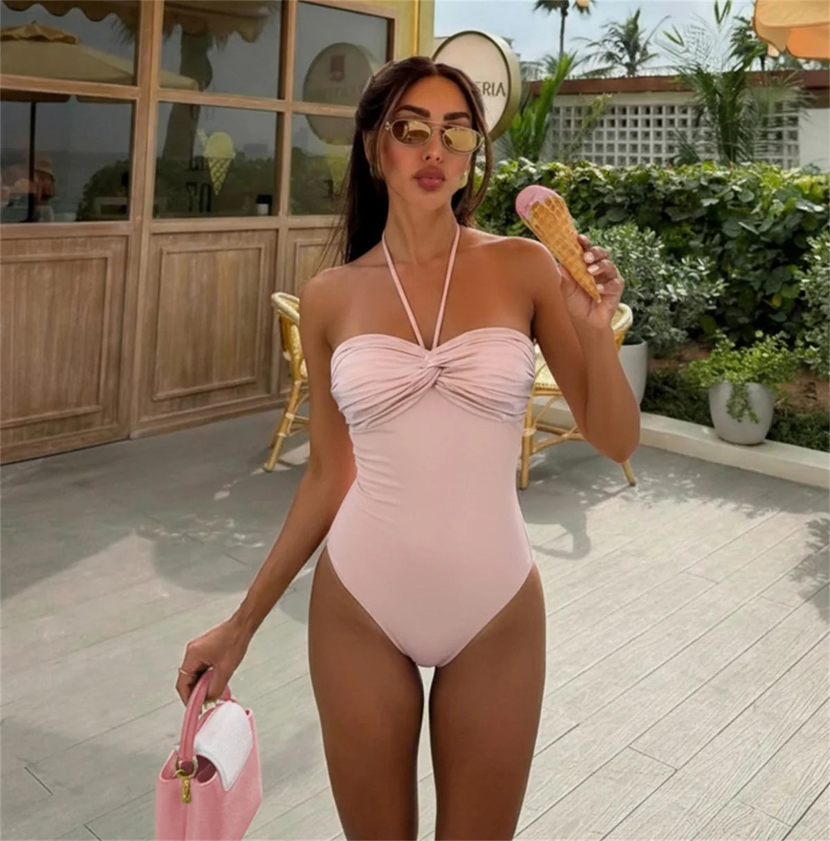 2Pc Sexy Swimsuit 2026 Bandeau Biquini Women Bikini Push Up  Swimwear Solid Pink Swim Suit Cover Up Halter Bathingsuit Beachwear