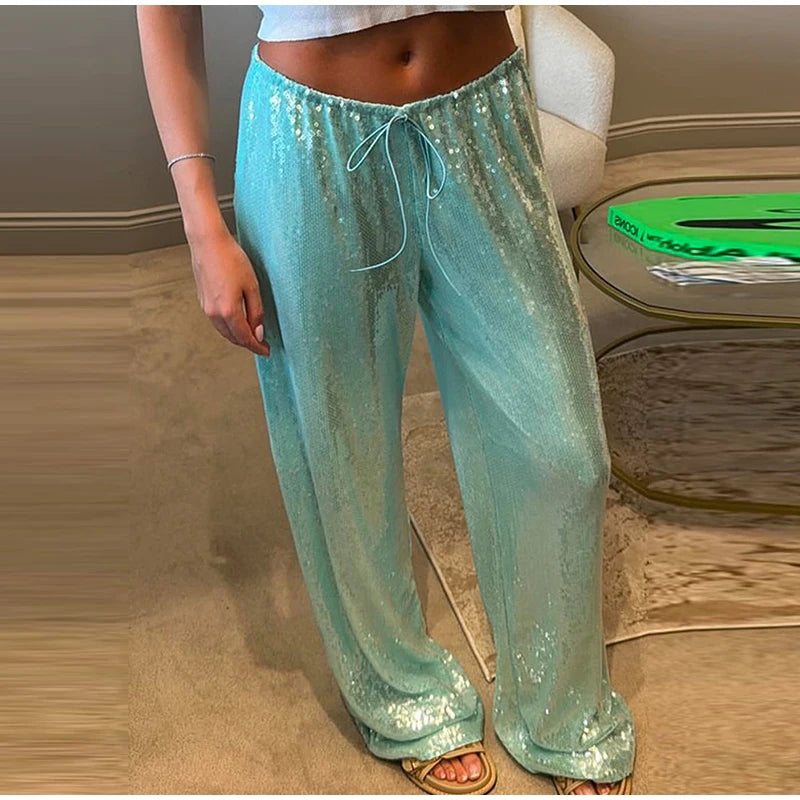 Fashion Sequin Loose Pants Women Solid Drawstring High Waist Wide Leg Trousers Female 2026 Fashion Summer Shinny Bottom Lady