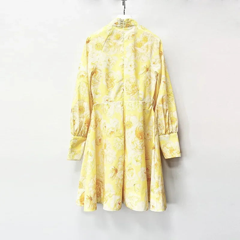 Elegant Floral Print Mini Dress 2025 New Style Stand Collar Single Button Belt Lantern Sleeve Holiday Maxi Skirt Dress