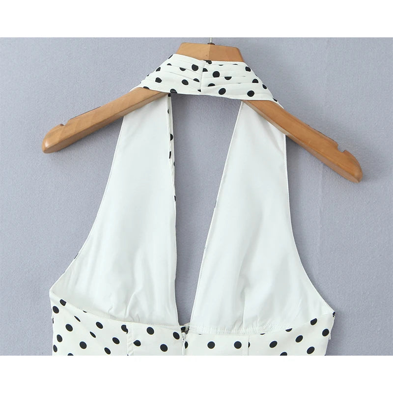 YENKYE Französisch Stil Retro Polka Dot Tiefem V Halter Kleid Frauen Sexy Backless A-linie Schlank Süße Elegante Mini Kleider Sommer Robe