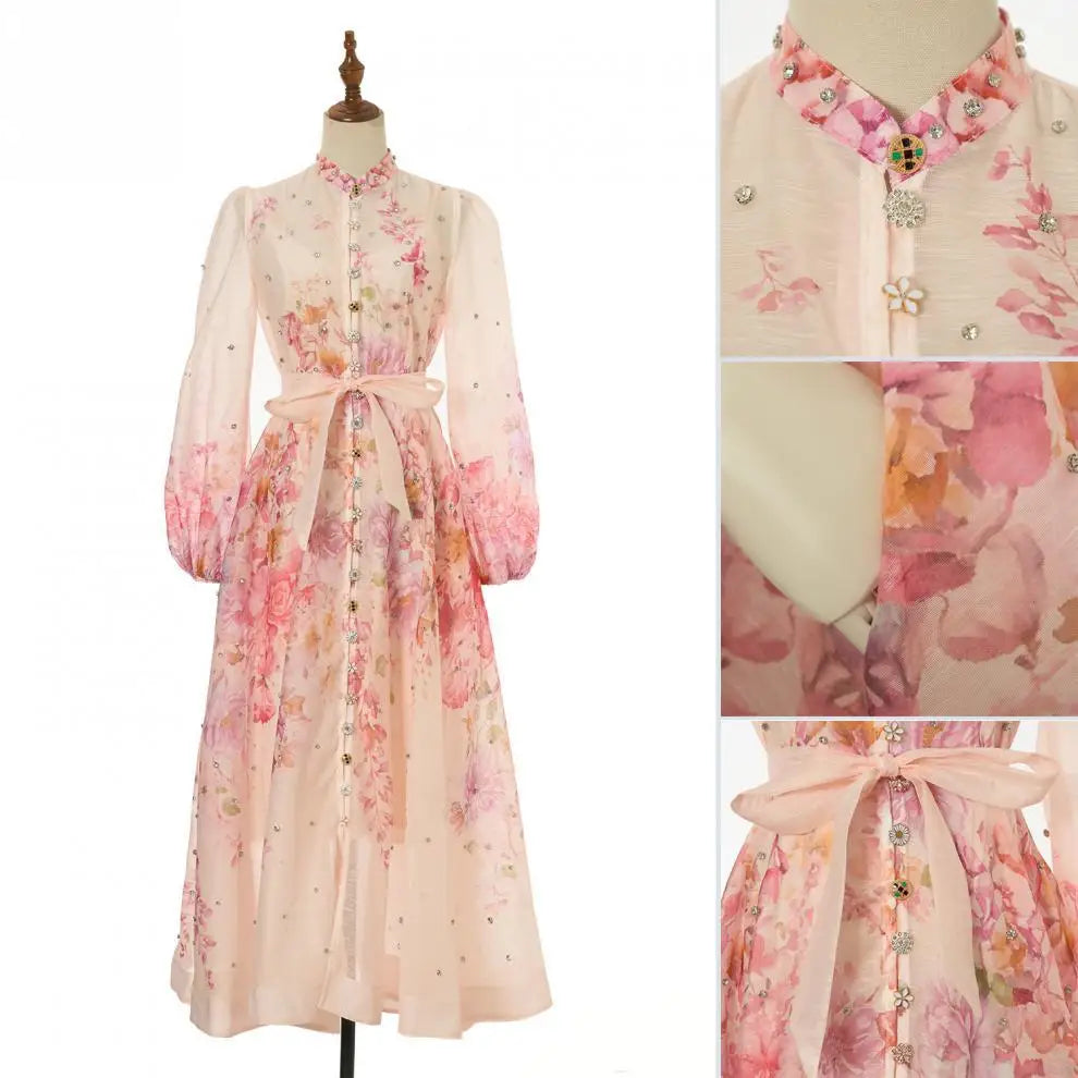 Spring Summer 2026 New Style Long Skirt Dress Women's Maxi Dress Diamond Floral Print High Waist Long Sleeve Street Style Ele...