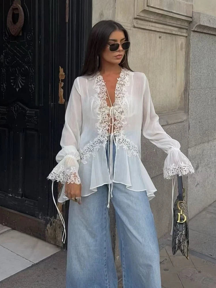 TFMLN New Women Blouse Fashionable Flare Sleeve Lace Spliced Semi-Sheer Cardigan Lace Up Tops Elegant Ruffled V Neck Shirt