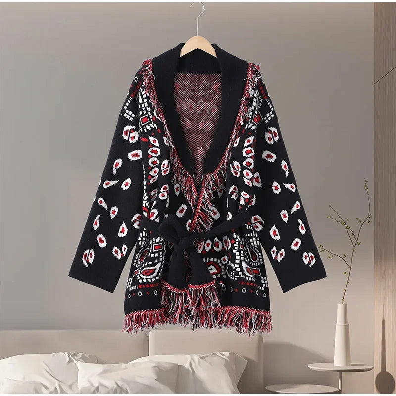 2026 frühling Quaste Gestrickte Jacquard frauen Strickjacken Lose Patchwork V-ausschnitt Langarm Dicke Warme Pullover Dame Neue Strickwaren
