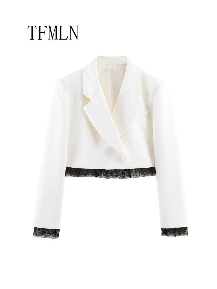 Fashion Women Lace Trim Cropped Blazer Shorts Suits Causal Slim Full Sleeve Coats High-waist Short 2026 New Ladies Solid Outwear