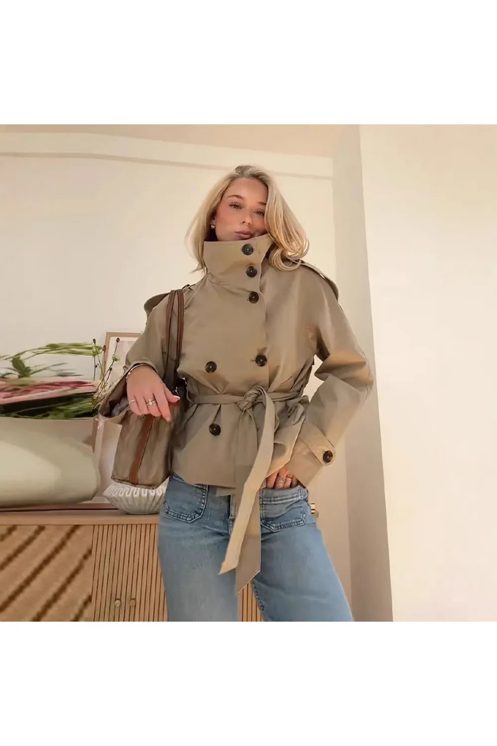 Bequemer, zweireihiger, langärmliger Kurzmantel im Retro-Stil, Vintage-Design, lässige Pendelmode, Polyesterstoff, Damen...
