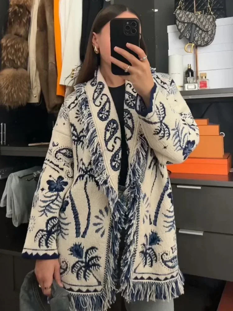 Frauen Quaste Patchwork Gedruckt Strickjacke Mode V-ausschnitt Langarm Lose Strickwaren Dame Herbst Pendeln Straße Strickjacken