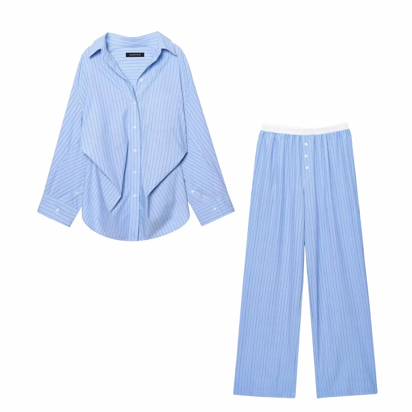 HH Women's Striped Pants Suit Bat Sleeve Loose Poplin Shirt+Elastic Waist Side Pocket Boxer Panties Pajama Style Casual Pant