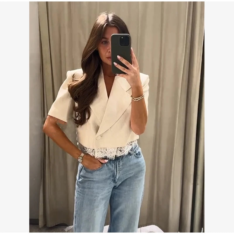 Fashion Lace Patchwork Suit Shorts Two-piece Set Women Lapel Short Sleeved Tops Pockets Pants Suits Summer Office Lady Outfits