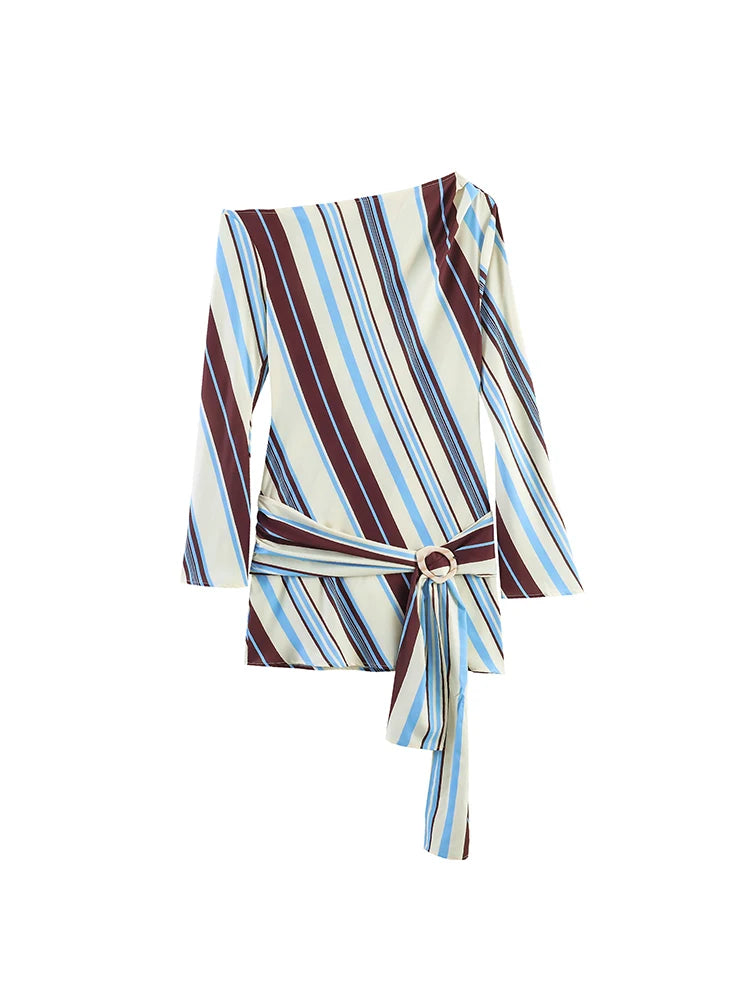 TFMLN New Women Striped Resort Dress Chic One Shoulder Tie Waist Long Sleeve Mini Dresses Female Slim Fashion Beach Lady Outfit