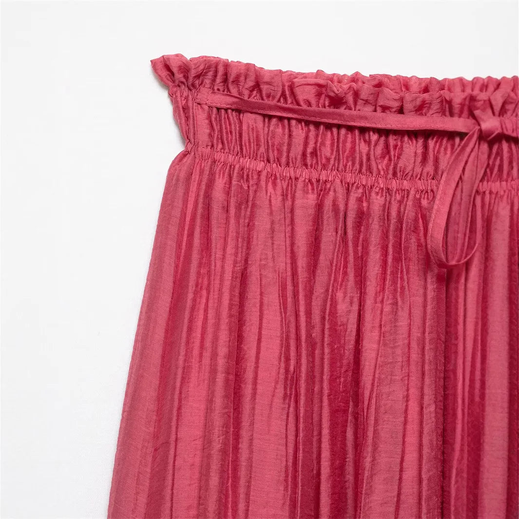 2025 Summer Women Red Folds Shirt Skirts Sets Lace Up Long Sleeves Shirts+High Waist Pleated Skirt Fashion Lady Outfits