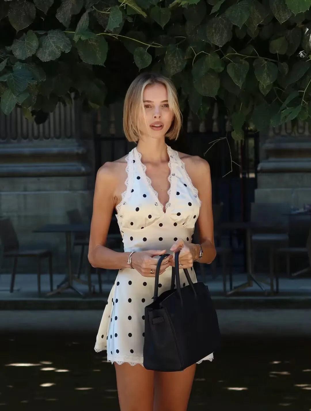 YENKYE Lace Spliced Polka Dot Halter Dress Women Elegant A-line Mini Sexy Backless Dresses Summer Robe 2025