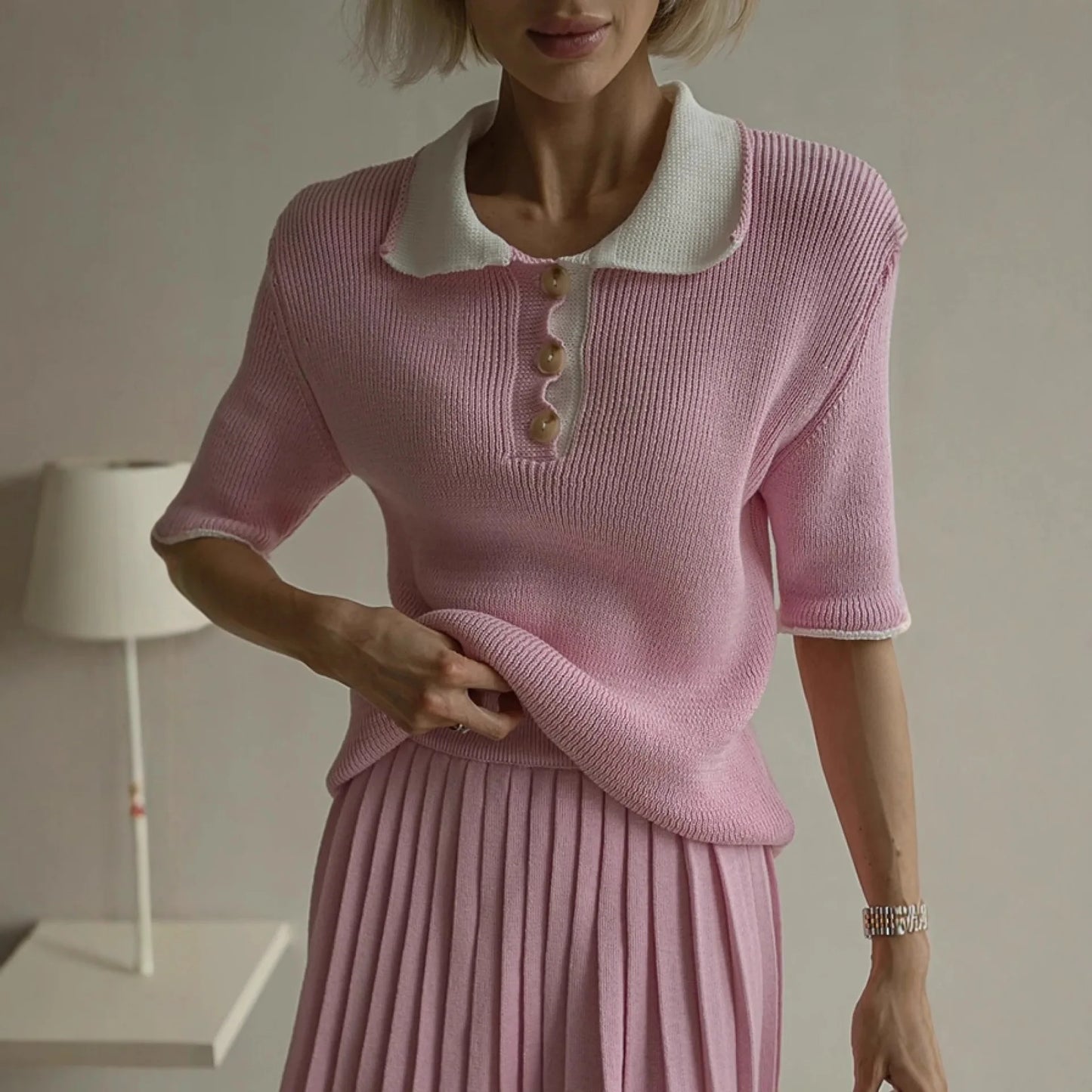Lässiges Strick-Set mit einfarbigem Pullover und kurzem Rock für Damen, Frühling/Herbst, bequemer Street-Style, Polyester-Gewebe