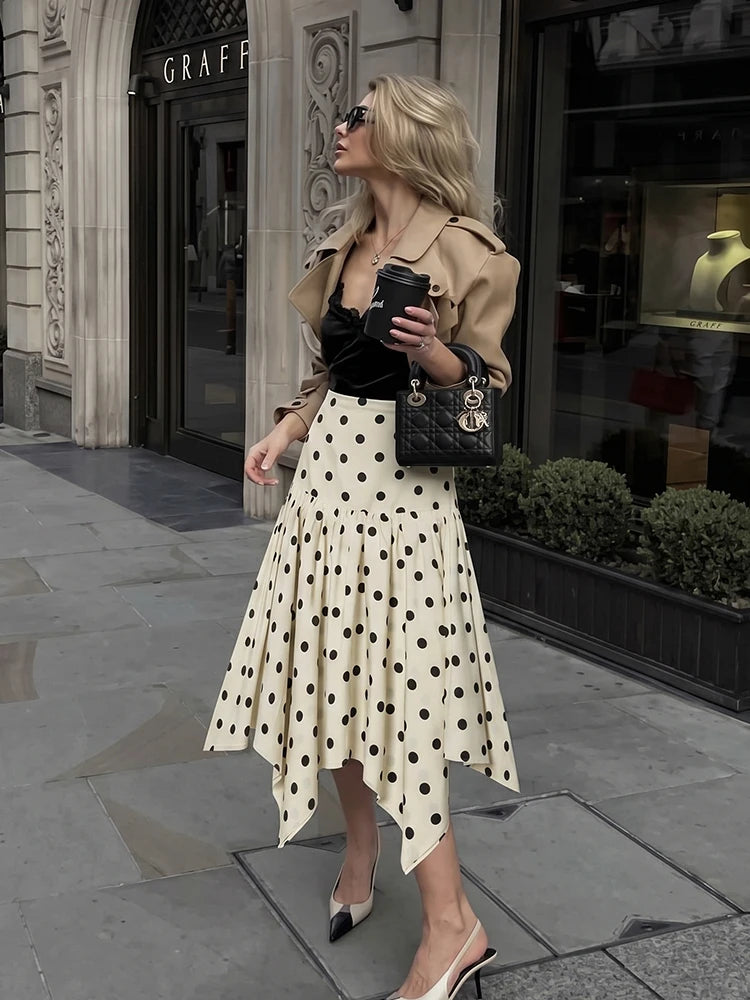 HH Elegant Summer Women Polka Dot Midi Skirt 2026 High Waist Irregular Hem Flowy Ruffle Skirt Beach Vacation Office Party Casual