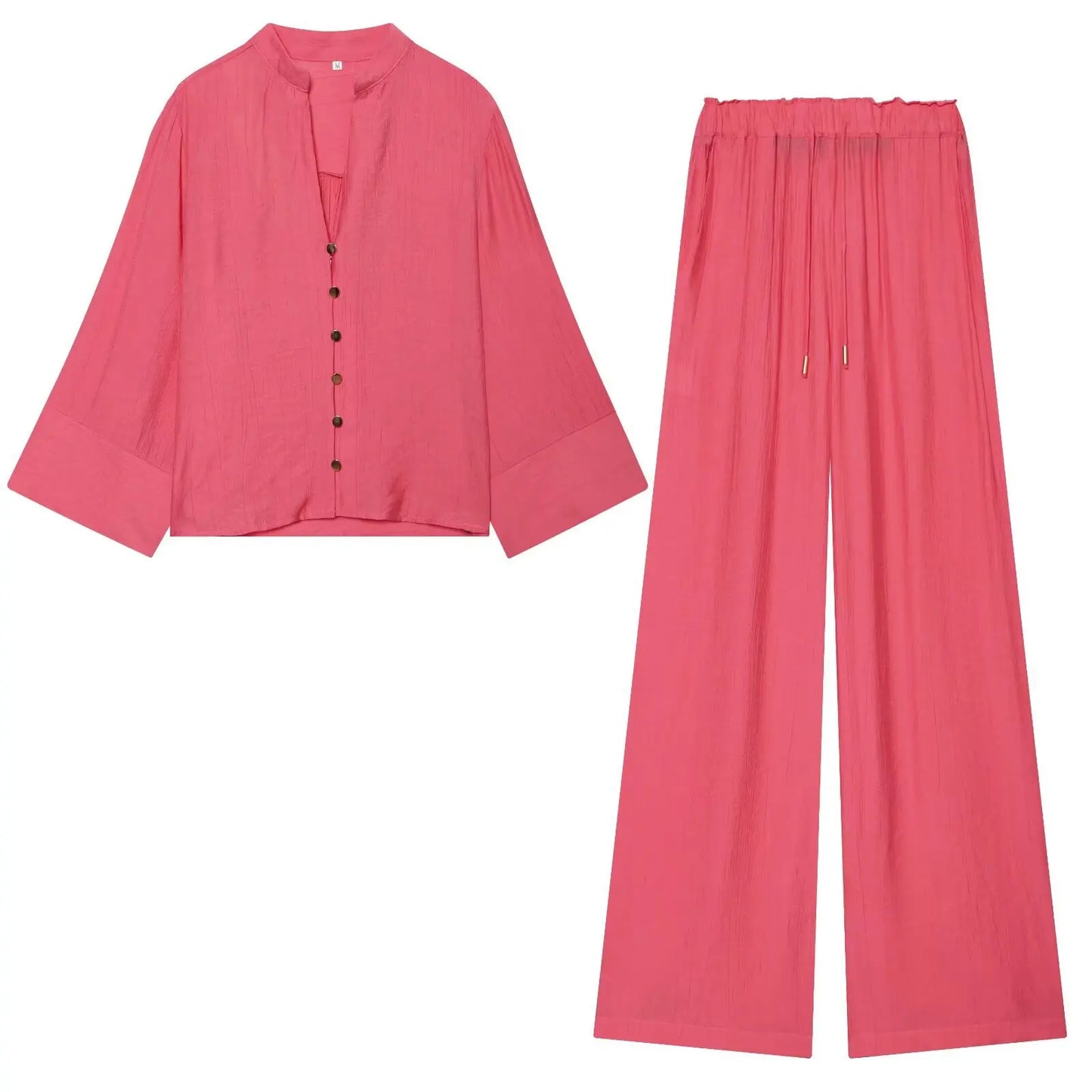 Loose Long Sleeve V-Neck Shirt Elastic Waist High Waist Wide Leg Pants Set Women's Casual Comfortable Polyester Spring Summer
