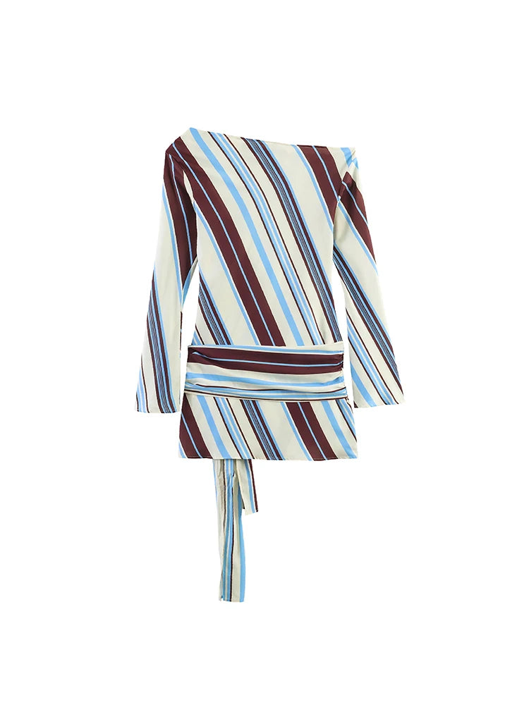 TFMLN New Women Striped Resort Dress Chic One Shoulder Tie Waist Long Sleeve Mini Dresses Female Slim Fashion Beach Lady Outfit