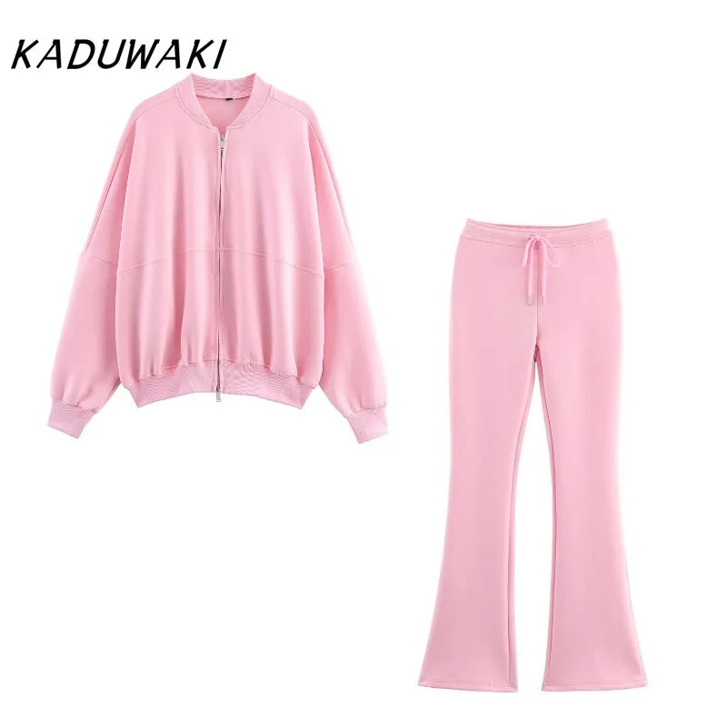 KADUWAKI Herbst Dame Casual Outfit Einfarbig Zipper Up Bomber Jacke Gerippte Borte Ausgestelltes Kordelzug Hose frauen Zwei Stück set