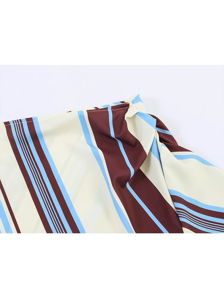 TFMLN New Women Striped Resort Dress Chic One Shoulder Tie Waist Long Sleeve Mini Dresses Female Slim Fashion Beach Lady Outfit