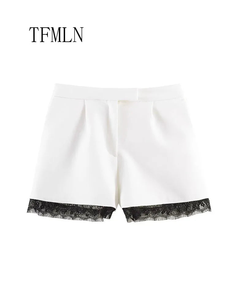 Fashion Women Lace Trim Cropped Blazer Shorts Suits Causal Slim Full Sleeve Coats High-waist Short 2026 New Ladies Solid Outwear