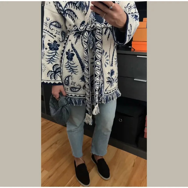 Frauen Quaste Patchwork Gedruckt Strickjacke Mode V-ausschnitt Langarm Lose Strickwaren Dame Herbst Pendeln Straße Strickjacken